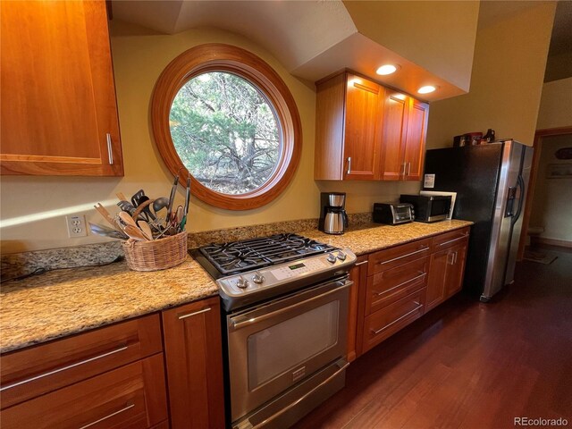 kitchen with appliances with stainless steel finishes, light stone counters, and dark hardwood / wood-style floors