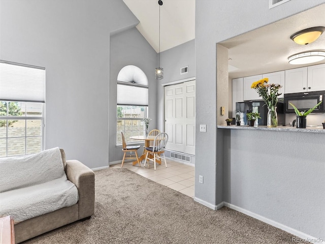 8361 S Upham Way Unit 209, Littleton, CO 80128 - carpeted living area featuring healthy amount of natural light, baseboards, high vaulted ceiling, and tile patterned floors