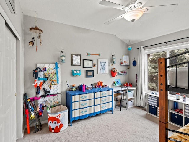 5497 W Prentice Ct, Littleton, CO 80123 - rec room with lofted ceiling, carpet flooring, and a ceiling fan