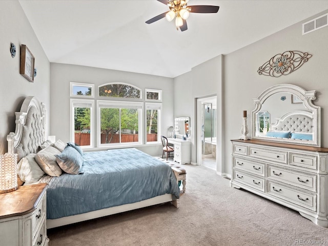 5497 W Prentice Ct, Littleton, CO 80123 - bedroom featuring carpet, lofted ceiling, ensuite bath, and ceiling fan