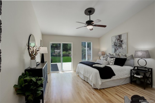 2840 Canyon Crest Ln, Highlands Ranch, CO 80126 - bedroom with access to exterior, vaulted ceiling, light wood finished floors, and a ceiling fan