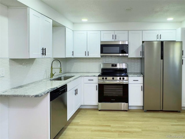 kitchen featuring sink, white cabinets, decorative backsplash, and stainless steel appliances