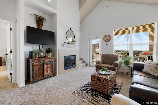 5378 Palomino Ranch Pt Unit 303, Colorado Springs, CO 80922 - living area with carpet, high vaulted ceiling, and a fireplace