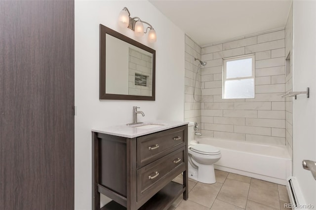 full bath featuring toilet, a baseboard heating unit, vanity,  shower combination, and tile patterned floors