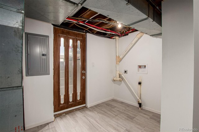 299 4th Ave, Limon, CO 80828 - clothes washing area featuring hookup for an electric dryer, hookup for a washing machine, electric panel, wood finished floors, and baseboards