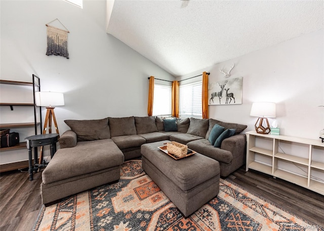 living room featuring a textured ceiling, lofted ceiling, and wood finished floors