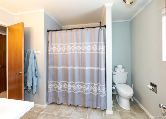 full bath featuring baseboards, ornamental molding, tile patterned floors, and toilet