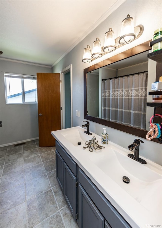 full bath with crown molding, a sink, and double vanity