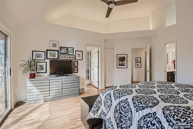 4565 E Mexico Ave Unit 3, Denver, CO 80222 - bedroom featuring wood finished floors, ceiling fan, ensuite bathroom, and a closet