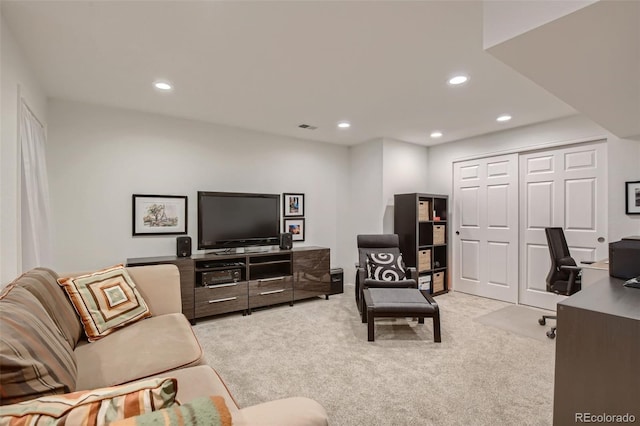 4565 E Mexico Ave Unit 3, Denver, CO 80222 - living room featuring recessed lighting, light colored carpet, and an office area