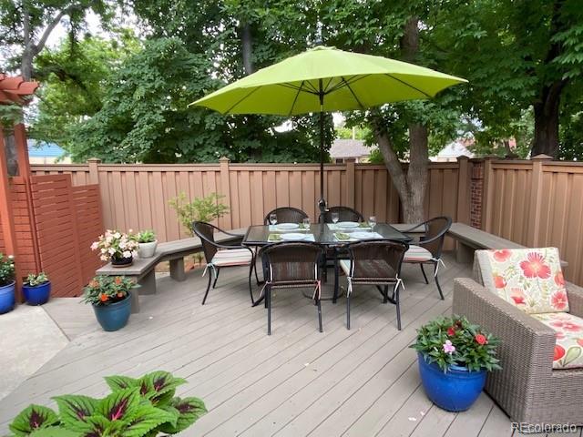 4565 E Mexico Ave Unit 3, Denver, CO 80222 - deck featuring outdoor dining space and a fenced backyard