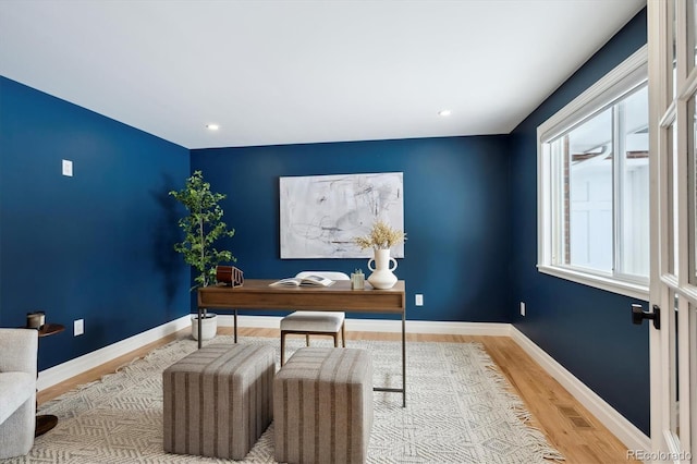 office featuring recessed lighting, wood finished floors, visible vents, and baseboards