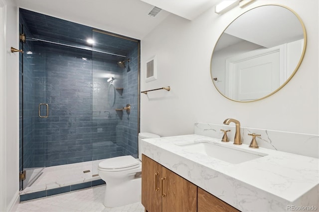 bathroom featuring visible vents, a stall shower, vanity, and toilet