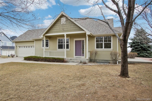 view of front of property with a chimney, a shingled roof, covered porch, a garage, and driveway