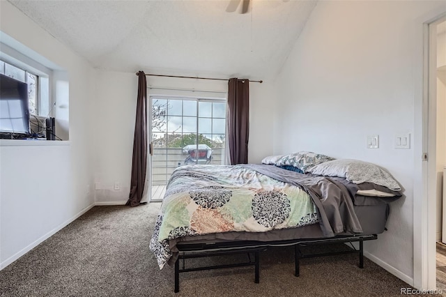 carpeted bedroom with baseboards, a ceiling fan, and vaulted ceiling