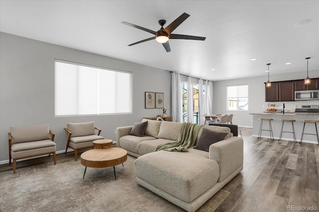 living room featuring ceiling fan, sink, and hardwood / wood-style flooring