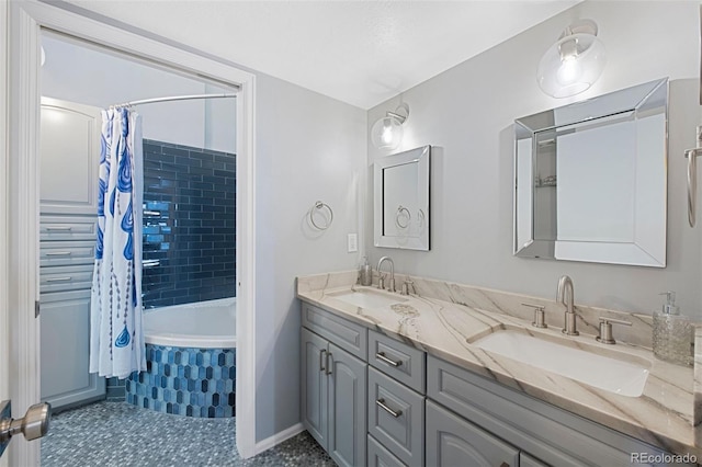 bathroom with vanity and shower / bathtub combination with curtain