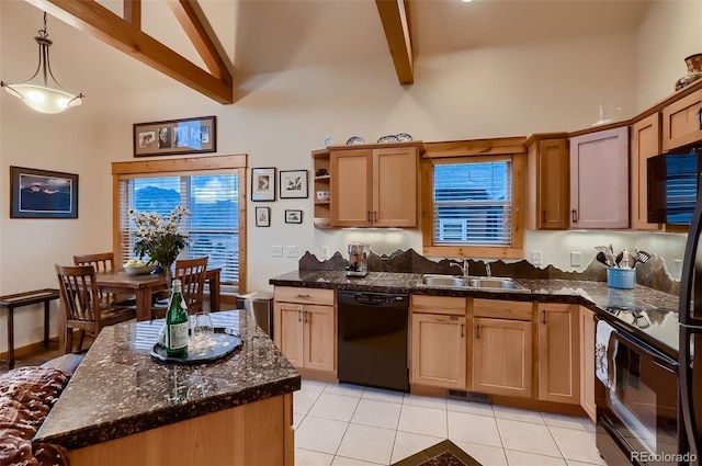kitchen with a sink, black appliances, high vaulted ceiling, beamed ceiling, and light tile patterned floors