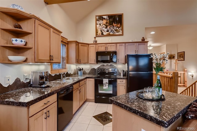 kitchen featuring light tile patterned floors, a sink, high vaulted ceiling, black appliances, and dark countertops