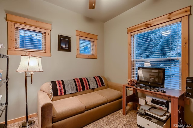 office with ceiling fan, carpet, and baseboards