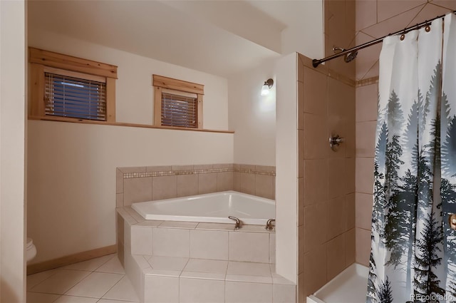 bathroom with a bath, toilet, tile patterned flooring, and a shower stall