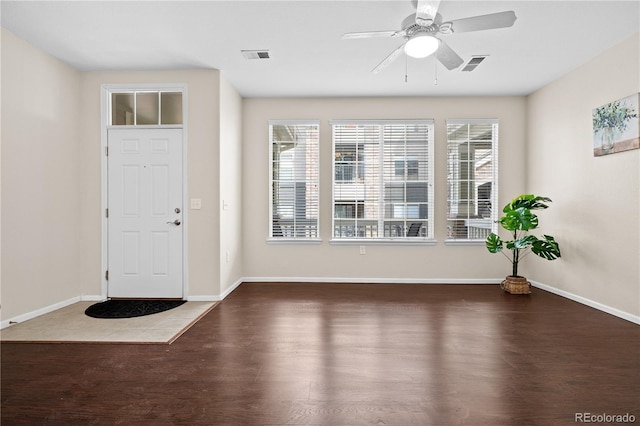 foyer featuring dark hardwood / wood-style flooring, ceiling fan, and a healthy amount of sunlight