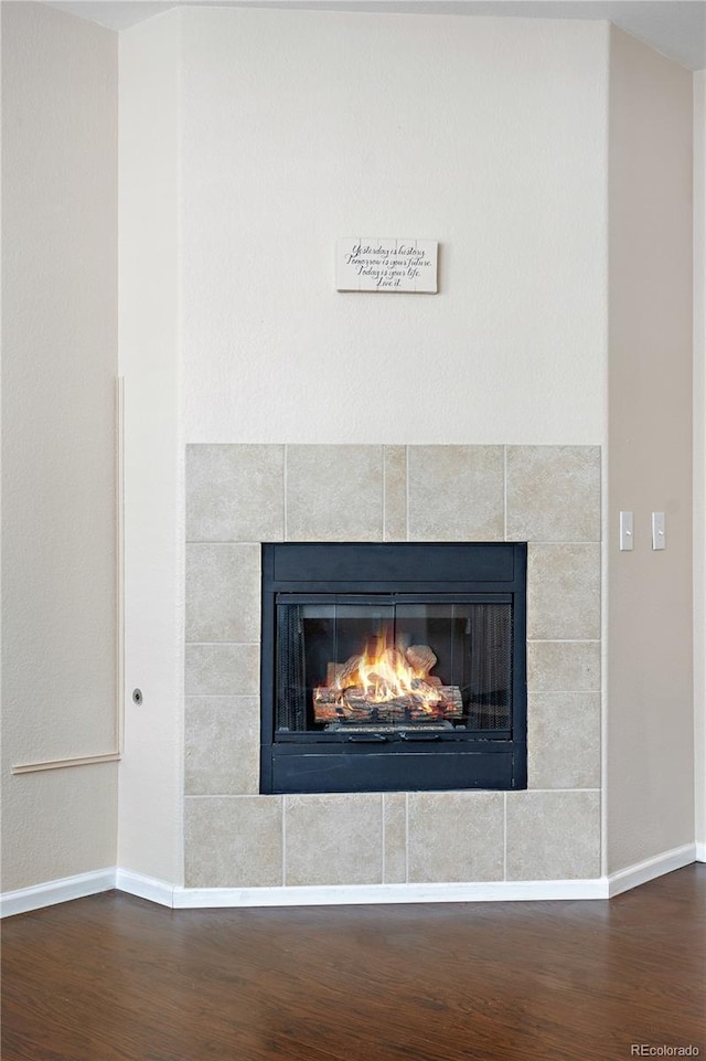 interior details with a fireplace and wood-type flooring