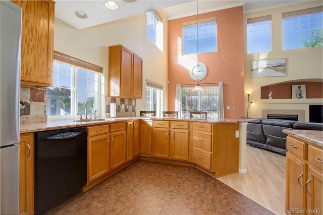 kitchen featuring dishwasher, a wealth of natural light, and decorative light fixtures