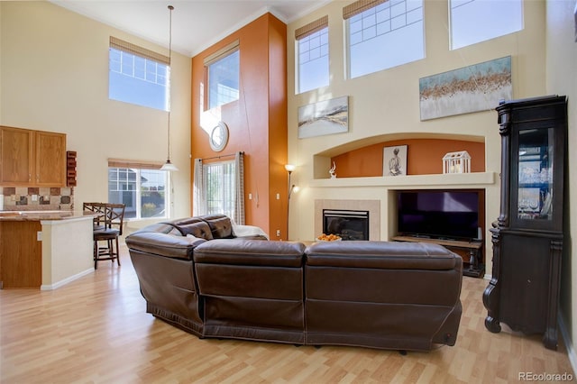 living room featuring a towering ceiling, light wood-type flooring, and crown molding