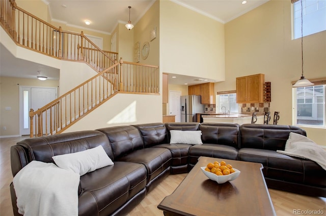 living room with sink, light wood-type flooring, crown molding, and a high ceiling