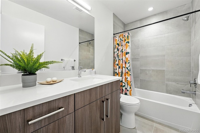 4394 Zenobia St, Denver, CO 80212 - bathroom featuring vanity, shower / tub combo, tile patterned floors, and recessed lighting