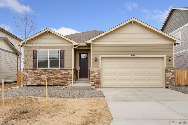 874 Ledge St, Lochbuie, CO 80603 - view of front of property featuring stone siding, a garage, and concrete driveway