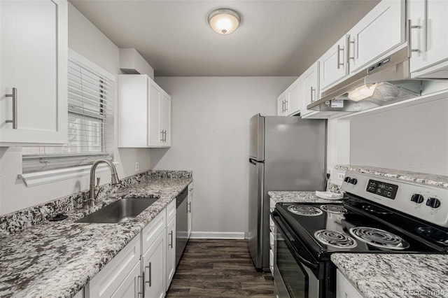 kitchen featuring under cabinet range hood, white cabinetry, stainless steel appliances, and a sink