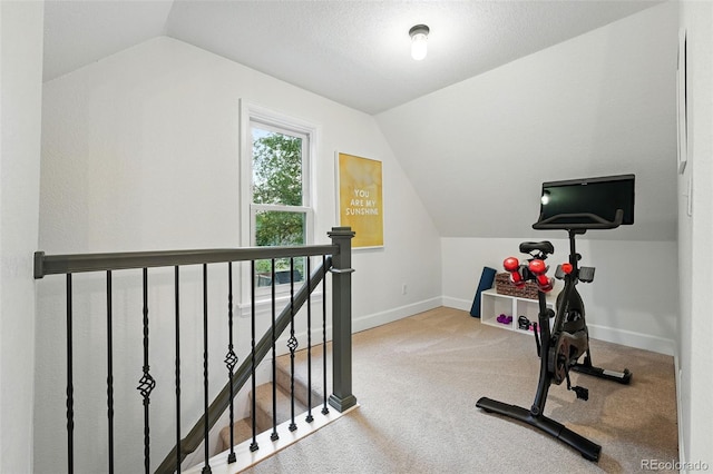 6830 Lamar St, Arvada, CO 80003 - workout area featuring vaulted ceiling, baseboards, and carpet floors