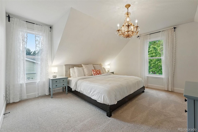 6830 Lamar St, Arvada, CO 80003 - bedroom featuring carpet floors, a chandelier, lofted ceiling, and baseboards