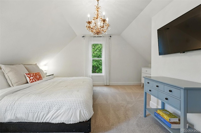 6830 Lamar St, Arvada, CO 80003 - bedroom with light carpet, a chandelier, lofted ceiling, and baseboards