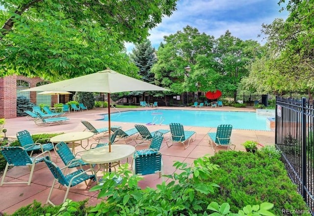 pool with fence and a patio