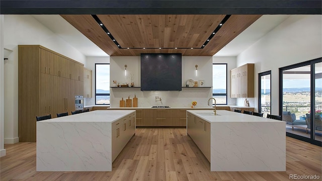 kitchen with sink, a kitchen island with sink, track lighting, wooden ceiling, and light hardwood / wood-style flooring