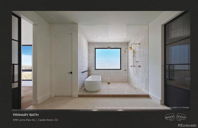 bathroom featuring independent shower and bath, tile patterned flooring, and a wealth of natural light