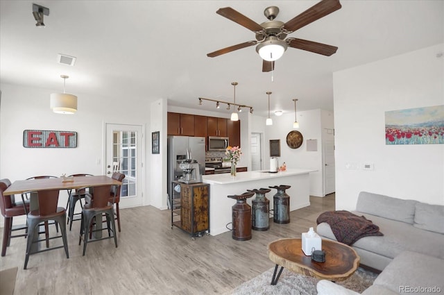 9227 Rolling Way Unit 201, Parker, CO 80134 - living room featuring track lighting, light wood finished floors, and a ceiling fan
