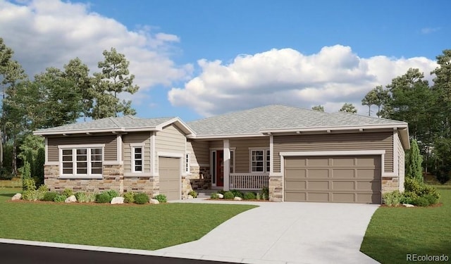 view of front facade with an attached garage, stone siding, and a front yard