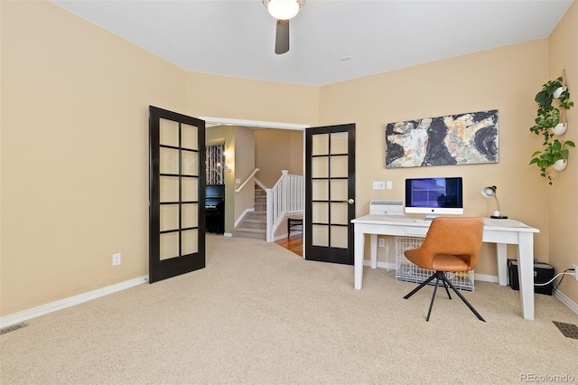 2488 Lake Vista Dr, Broomfield, CO 80023 - home office featuring french doors, carpet flooring, and ceiling fan