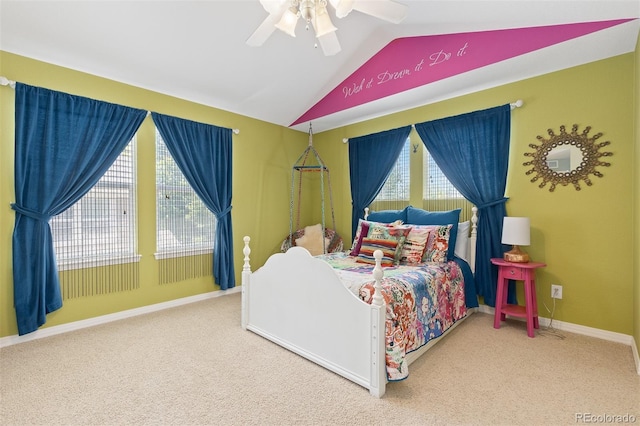 2488 Lake Vista Dr, Broomfield, CO 80023 - bedroom featuring vaulted ceiling, carpet floors, and a ceiling fan