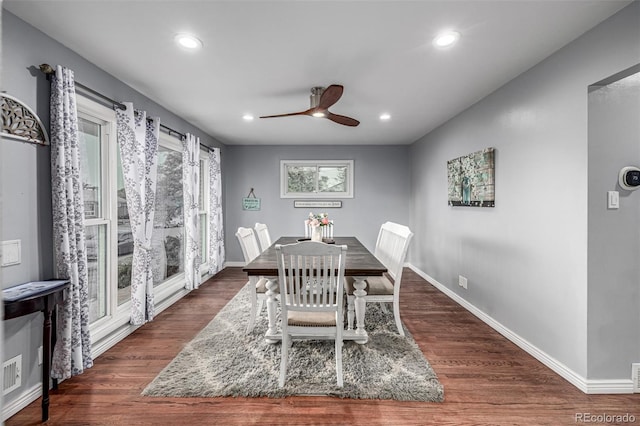 10478 Ogden St, Northglenn, CO 80233 - dining room with plenty of natural light, ceiling fan, baseboards, recessed lighting, and wood finished floors