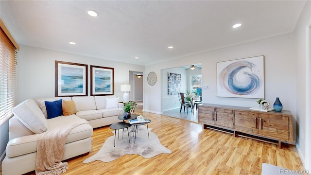 living room with light hardwood / wood-style floors and a wealth of natural light