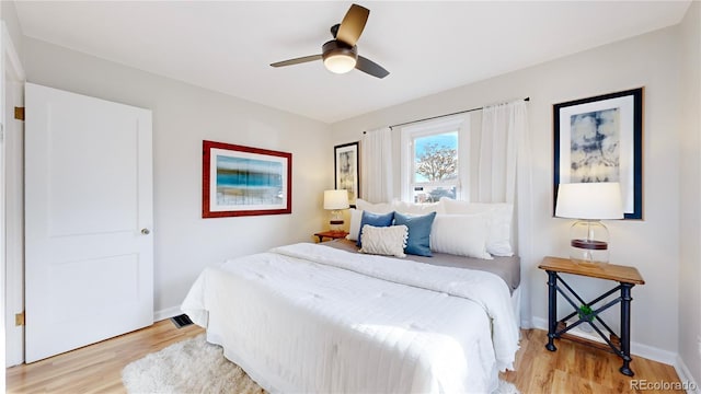 bedroom featuring ceiling fan and light hardwood / wood-style flooring