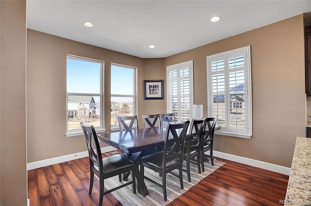 8726 Gardenia Cir, Arvada, CO 80005 - dining room with baseboards, dark wood-type flooring, and recessed lighting