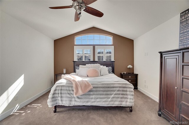 8726 Gardenia Cir, Arvada, CO 80005 - bedroom with carpet, lofted ceiling, baseboards, and a ceiling fan