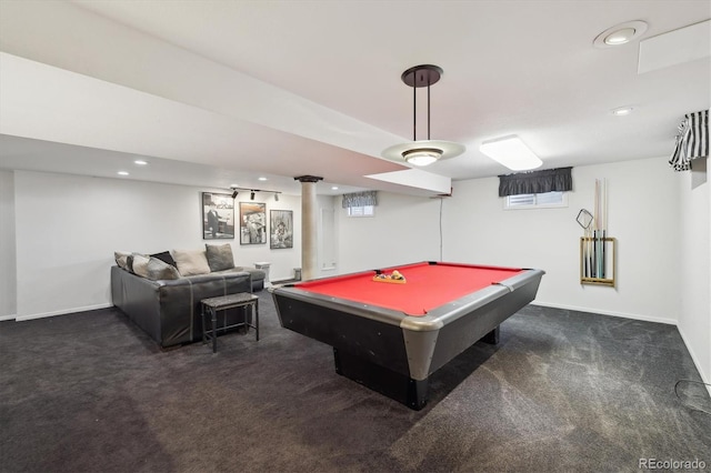 rec room featuring carpet flooring, recessed lighting, billiards, and baseboards