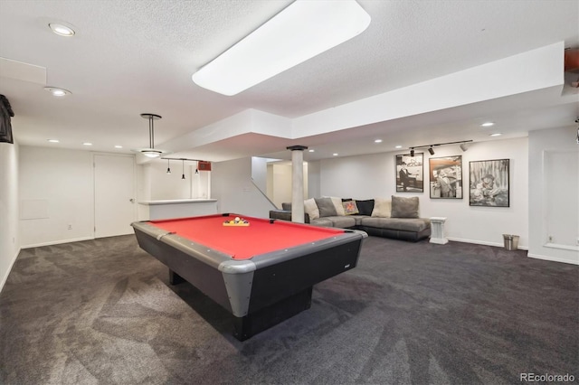 rec room featuring pool table, recessed lighting, carpet floors, and a textured ceiling